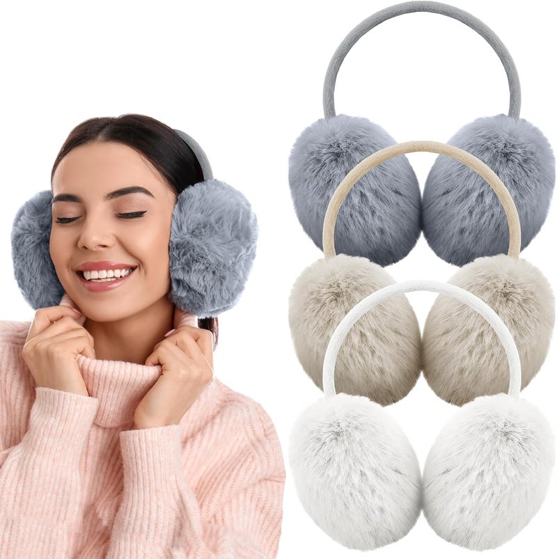 TINYAT 3 PCS Adjustable Winter Ear Muffs Faux Fur Warmers Cute Fuzzy Earmuffs Soft Warm Ear Covering for Women Girls - Image 1